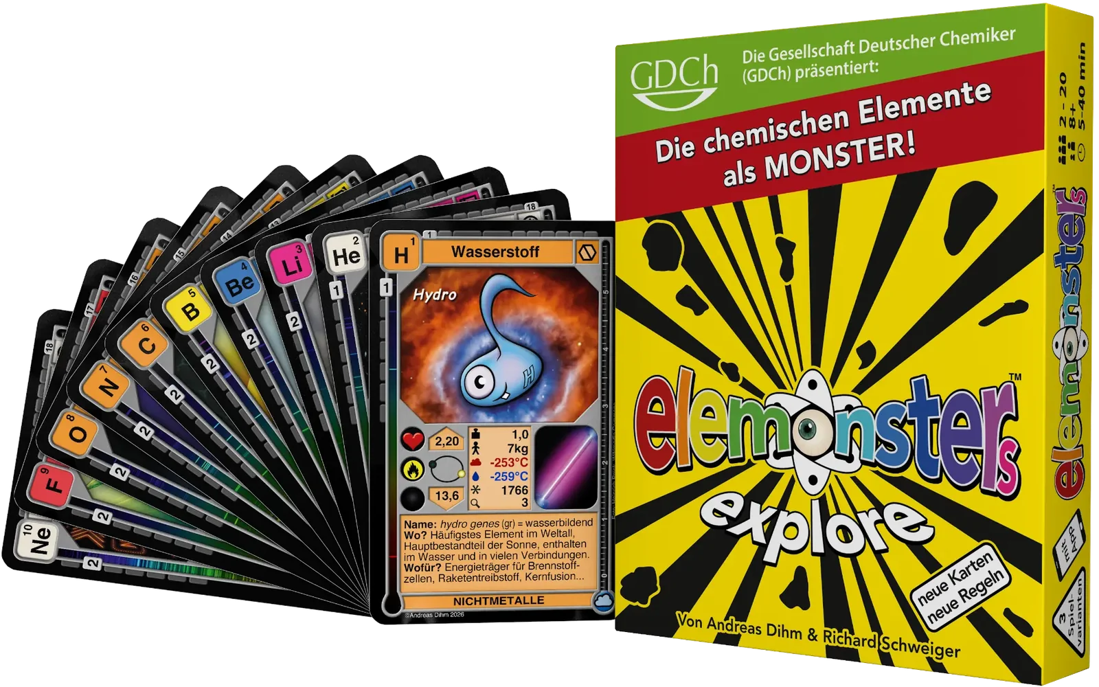 Elemonsters Explore Schachtel mit aufgefächerten Karten