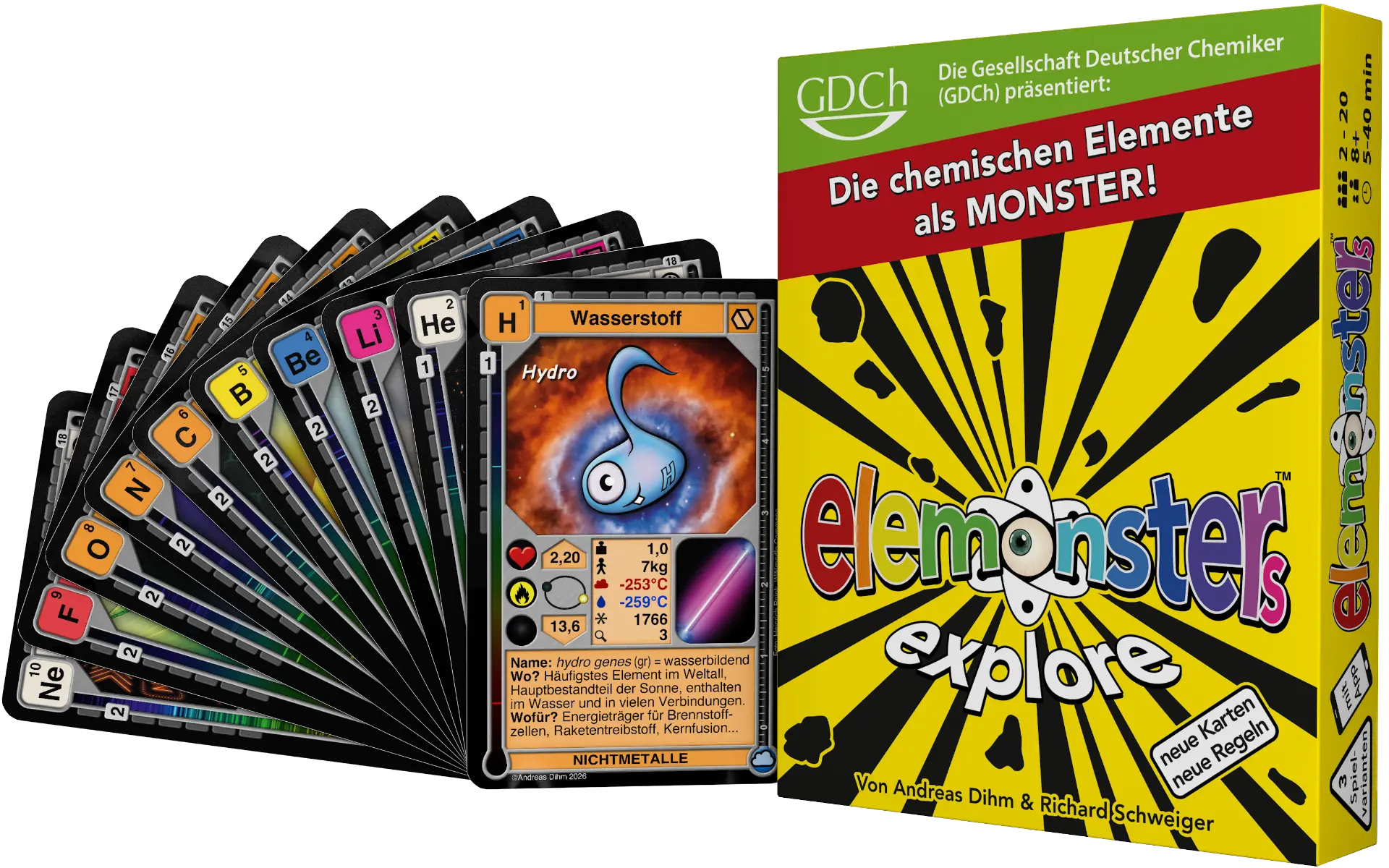 Elemonsters Explore Schachtel mit aufgefächerten Karten